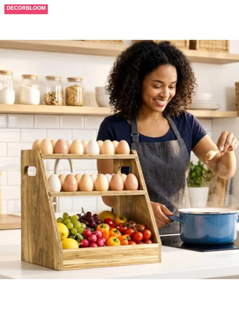 3-Tier Wooden Egg Holder Countertop Basket Holds 80 Eggs Farmhouse Kitchen
